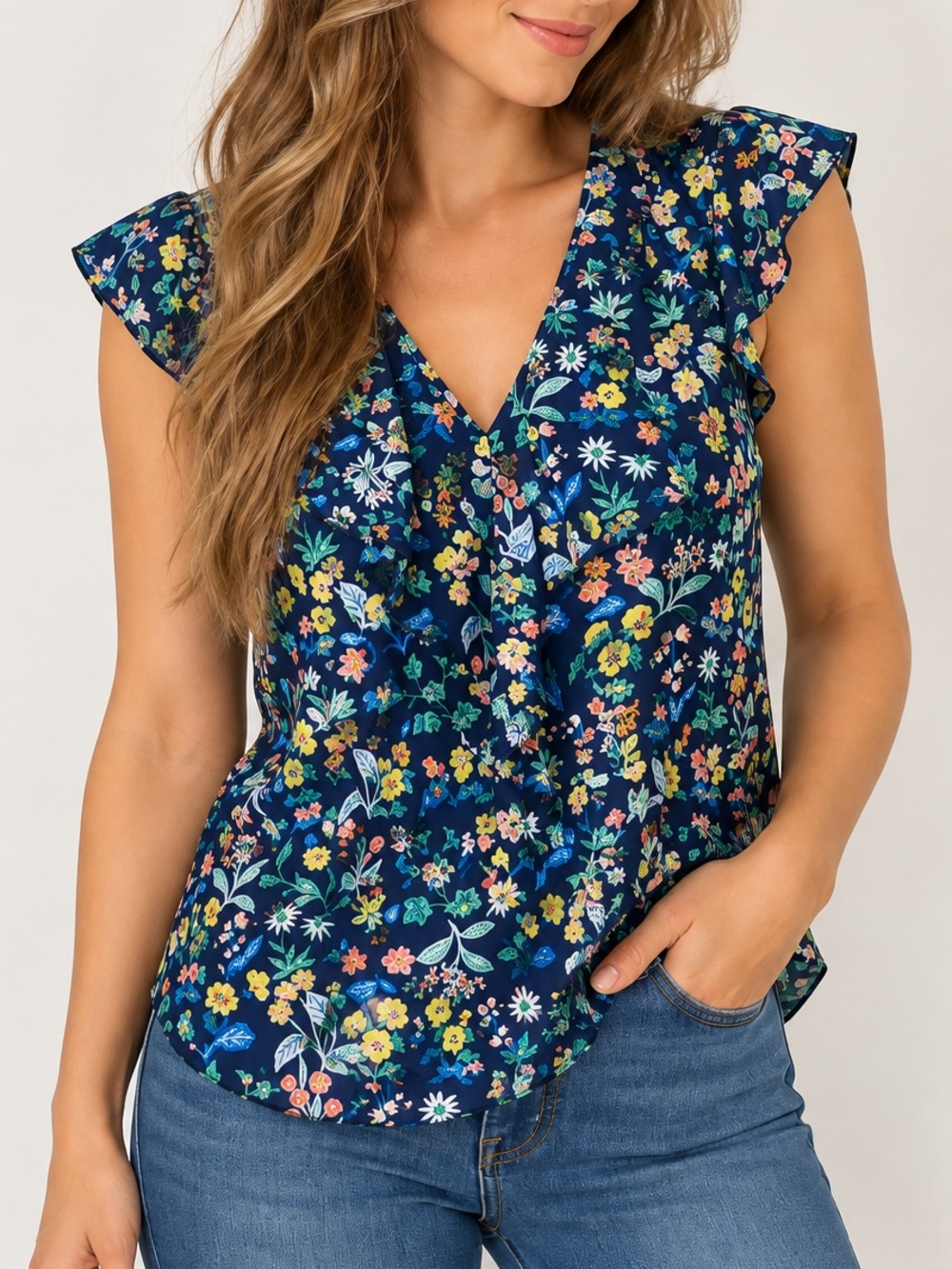 RW&CO Navy Floral Ruffle Sleeveless Blouse – Small